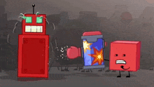 a red block with a sad face is standing next to a blue block with a star on it .