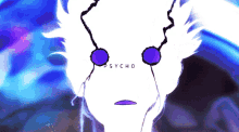 a drawing of a person with purple eyes and the word psycho on the bottom