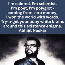 a quote from abhijit naskar is displayed on a blue background