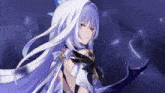 a girl with long white hair and red eyes is holding something in her hands