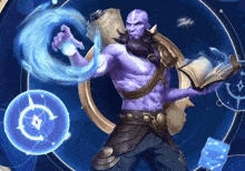 a purple man with a beard is holding a book and a scroll