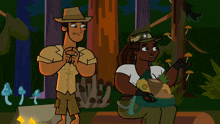 a cartoon of a man and woman in the woods