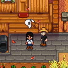 a man and a woman are standing in front of a wooden building in a video game