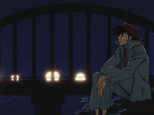 a man sits on the edge of a bridge with a cigarette in his mouth