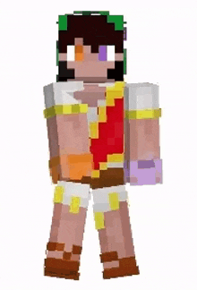 a minecraft character is wearing a red shirt and shorts with a green headband .