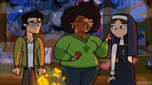 a cartoon of a man a woman and a nun standing around a fire