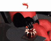a person in a red suit is holding a plate of shrimp with a red shrimp flying in the background