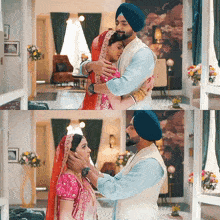 a man in a turban is hugging a woman in a pink dress