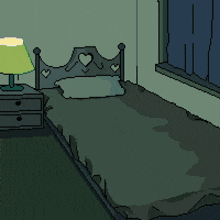 a pixel art drawing of a cartoon character sitting on a bed