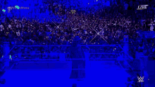 a crowd of people are watching a wrestlemania live broadcast