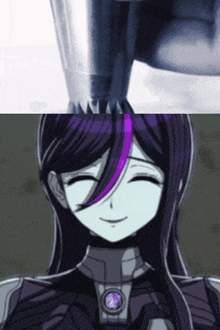 a close up of a girl 's face with a purple stripe