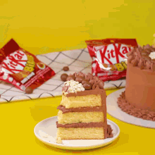 a slice of cake on a plate with a bag of kitkat in the background