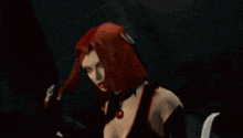 a woman with red hair and a choker is standing in a dark room