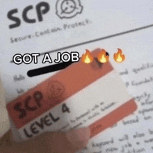 a close up of a scp card with the words `` got a job '' on it .