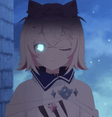 a close up of a girl with a cat ear and blue eyes