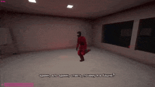 a man in a red jumpsuit is dancing in a room with russian text behind him