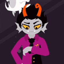 a cartoon character with horns is wearing a pink shirt