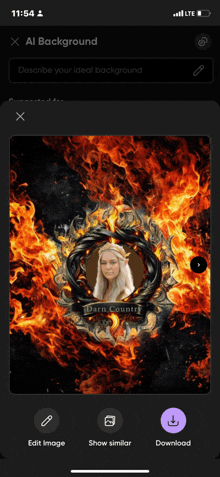 a phone screen shows a picture of a woman in a burning frame