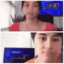 a man and a woman are looking at each other in front of a screen that says ' maynard ' on it