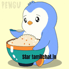 a penguin is holding a bowl of rice and spoon