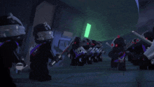 a group of lego ninjago characters are standing in a hallway with swords .