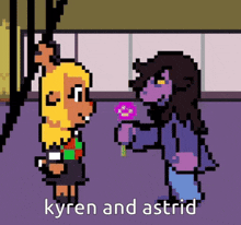a pixel art of a girl giving a lollipop to another girl with the words " kyren and astrid " below