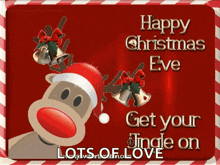 a happy christmas eve card with a reindeer and bells