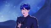 a man with blue hair is holding a microphone