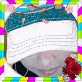 a picture of a woman wearing a hat with a colorful frame