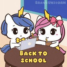two unicorns sitting at a table with the words back to school written on the bottom