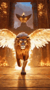 a lion with wings is running in front of a statue of a bird