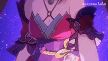 a close up of a woman 's torso with a purple background and the word bilibili on it