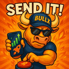 a bull wearing a bully hat is holding a cellphone