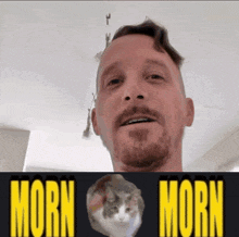 a man with a beard is smiling next to a picture of a cat that says morn