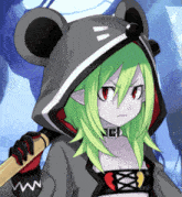a girl with green hair is wearing a mouse hood and holding a stick