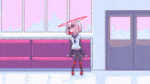 a drawing of a girl sitting on a couch with a red halo on her head