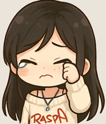 a cartoon girl wearing a sweater that says raspa