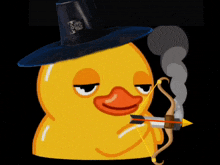 a yellow rubber duck wearing a black hat and holding a bow and arrow