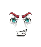 a cartoon drawing of a man 's face with red eyebrows and blue eyes
