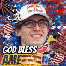 a young man wearing a red bull hat and glasses