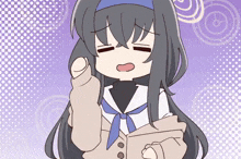 a cartoon drawing of a girl with long black hair and a blue tie