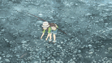 a girl in a white hat is holding a fishing pole