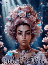 a painting of a woman with pink hair and the name malefica