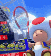 a cartoon toad is holding a tennis racquet in front of a crowd of people
