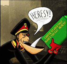 a cartoon of a man reading a book that says heresy on it