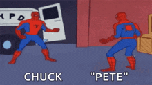 a cartoon of a spider-man standing next to another spider-man