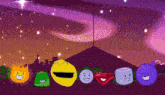 a group of cartoon characters are standing next to each other in front of a city .