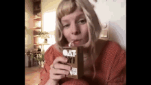 Aurora Aksnes Aurora Sipping Oatly Chocolate Milk GIF