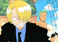 a cartoon character with a cigarette in his mouth stands next to another character
