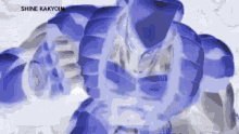 a drawing of a blue superhero with the words shine kakyojin written on the bottom